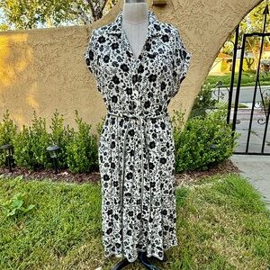 Lucky Brand Black and White Floral Maxi Shirt Dress with self tie